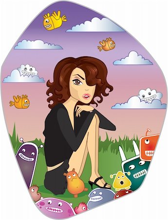 Beautiful brunette woman in black among funny monsters Stock Photo - Budget Royalty-Free & Subscription, Code: 400-04229839