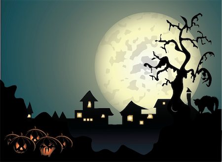 Halloween background with spooky tree and cat in editable vector format Stock Photo - Budget Royalty-Free & Subscription, Code: 400-04220045