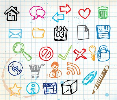 Set of colorful doodle computer icons for your webdesign on squared paper Stock Photo - Budget Royalty-Free & Subscription, Code: 400-04221480