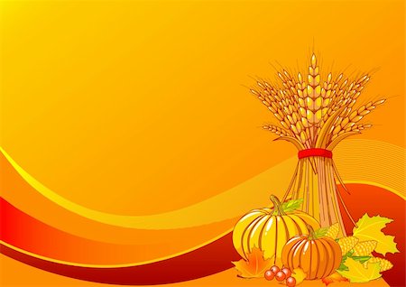 pumpkin fruit and his leafs - Seasonal background with plump pumpkins, wheat, corn and autumn leaves Stock Photo - Budget Royalty-Free & Subscription, Code: 400-04221863