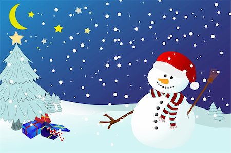 Vector of snowman on a snowy winters night, with presents underneath a christmas tree with star Stock Photo - Budget Royalty-Free & Subscription, Code: 400-04234635