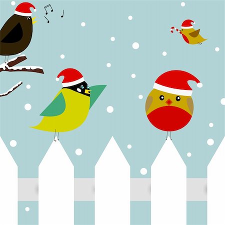Vector christmas scene with two birds sitting on a picket fence, one bird flying with a candy cane, and a bird singing christmas carols Stock Photo - Budget Royalty-Free & Subscription, Code: 400-04234638