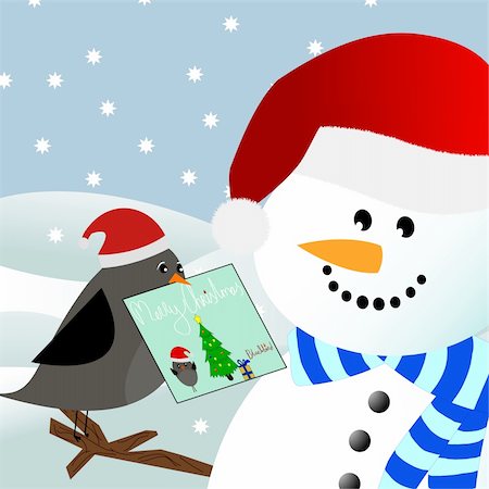 Vector image of a blackbird giving a christmas card to a snowman in a winter environment Stock Photo - Budget Royalty-Free & Subscription, Code: 400-04234632
