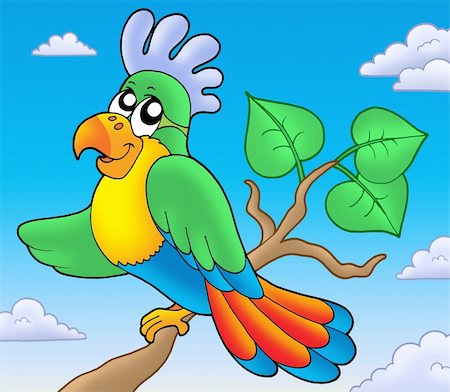 draw happy clouds - Cartoon parrot on branch - color illustration. Stock Photo - Budget Royalty-Free & Subscription, Code: 400-04236147