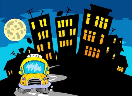 City silhouette with taxi and Moon - vector illustration. Stock Photo - Budget Royalty-Free & Subscription, Code: 400-04236250