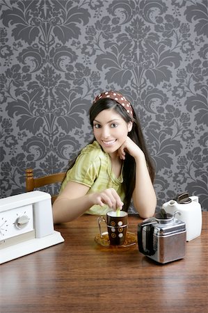 Retro woman drinking coffee on kitchen vintage wallpaper Stock Photo - Budget Royalty-Free & Subscription, Code: 400-04236576