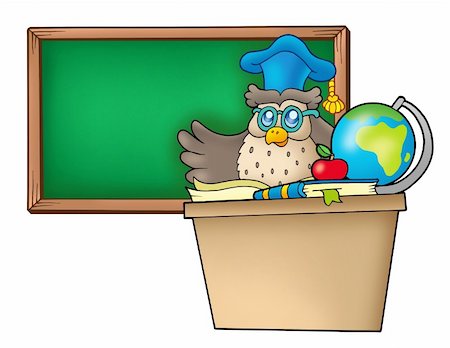 Owl teacher behind desk - color illustration. Stock Photo - Budget Royalty-Free & Subscription, Code: 400-04236786