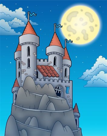fantasy mountain castle - Night view on castle on rock - color illustration. Stock Photo - Budget Royalty-Free & Subscription, Code: 400-04236782