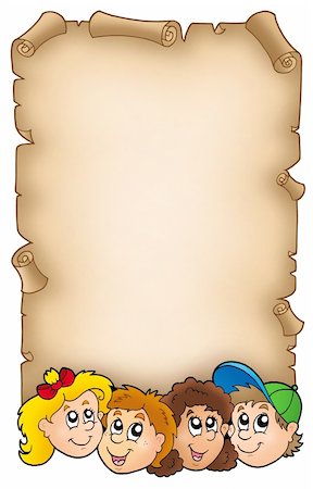 Parchment with various kids faces - color illustration. Stock Photo - Budget Royalty-Free & Subscription, Code: 400-04236792