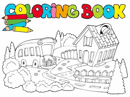 Coloring book with school and bus - vector illustration. Stock Photo - Budget Royalty-Free & Subscription, Code: 400-04236849