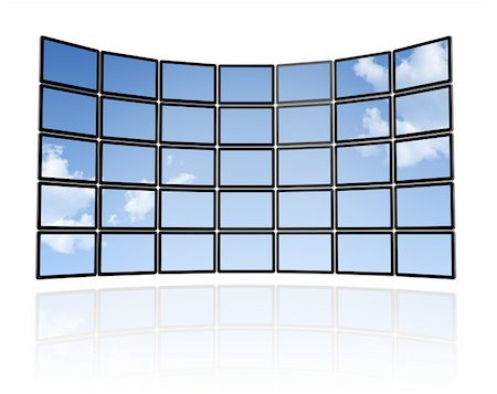 3D sky Wall of flat tv screens, isolated on white. With 2 clipping paths : global scene clipping path and screens clipping path to place your designs or pictures Stock Photo - Budget Royalty-Free & Subscription, Code: 400-04237624