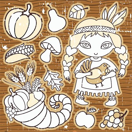 simsearch:400-04227157,k - Thanksgiving elements on the wooden background. Grunge. Native girl with turkey in her hands Cornucopia, vegetables, fruits, maushroom, autumn leaves, pumpkin,corn, pear,apple, grapes. Stock Photo - Budget Royalty-Free & Subscription, Code: 400-04230162