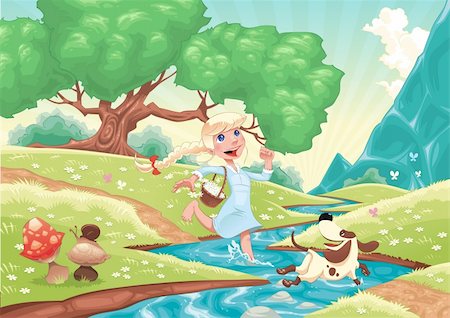 Young girl is running with dog in the nature. Funny cartoon and vector scene, isolated objects. Stock Photo - Budget Royalty-Free & Subscription, Code: 400-04231258