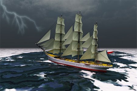 simsearch:400-05124606,k - A tall ship glides through rough seas during a thunderstorm. Stock Photo - Budget Royalty-Free & Subscription, Code: 400-04231573