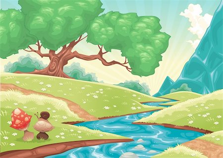 Cartoon landscape with stream. Vector illustration. Stock Photo - Budget Royalty-Free & Subscription, Code: 400-04232134