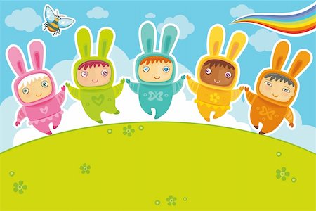 Vector greeting card: cute little babies dressed as Bunnies. Rabbit is a symbol of 2011. Foto de stock - Super Valor sin royalties y Suscripción, Código: 400-04232224