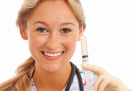 Close-up portrait of young nurse with stethoscope and syringe Stock Photo - Budget Royalty-Free & Subscription, Code: 400-04232421