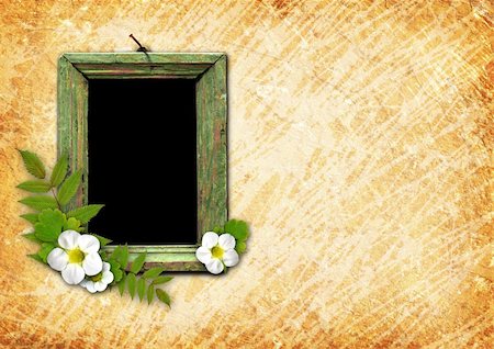 Old wooden frame nailed to the yellow wall with flowers strawberries Stock Photo - Budget Royalty-Free & Subscription, Code: 400-04241578