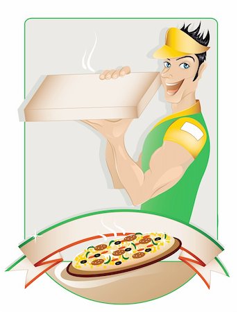 fast food restaurants background cartoon - Pizza delivery boy with copy space Stock Photo - Budget Royalty-Free & Subscription, Code: 400-04255393