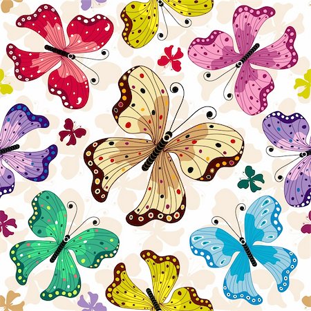 simsearch:400-05741762,k - Seamless white pattern with colorful butterflies (vector) Stock Photo - Budget Royalty-Free & Subscription, Code: 400-04257258