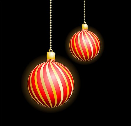 simsearch:400-04769297,k - Two Christmas red spheres in a gold strip on a black background Foto de stock - Super Valor sin royalties y Suscripción, Código: 400-04265439