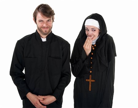 simsearch:400-05372618,k - A young Catholic priest and nun on white background giggling Stock Photo - Budget Royalty-Free & Subscription, Code: 400-04267254