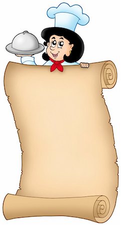 Old scroll with lurking woman chef - color illustration. Stock Photo - Budget Royalty-Free & Subscription, Code: 400-04267390