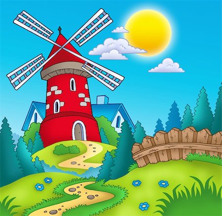 simsearch:400-04343852,k - Country landscape with red mill - color illustration. Stock Photo - Budget Royalty-Free & Subscription, Code: 400-04268474