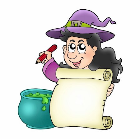 simsearch:400-04258210,k - Cute witch holding scroll - color illustration. Stock Photo - Budget Royalty-Free & Subscription, Code: 400-04268480