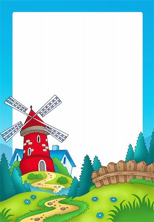 simsearch:400-05724401,k - Frame with landscape and red mill - color illustration. Stock Photo - Budget Royalty-Free & Subscription, Code: 400-04268495