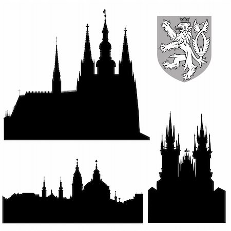simsearch:400-04015133,k - Famous landmarks of Prague - Prague castle, church of saint Nikolas, church of Virgin Mary front Tyn and coat of arms.  Hradcany - Cathedral of Saint Vitus in the Prague castle - the coronation cathedral of the Bohemian sovereigns, and the main of the Prague Roman - Catholic arcidiocese. The Gothic buildings was founded in 1344. Prague castle - spacious residential and stronghold area dominantly l Stock Photo - Budget Royalty-Free & Subscription, Code: 400-04268884