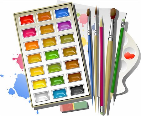 simsearch:644-01630853,k - Art supplies: watercolor paints, brushes, pencils, eraser, palette, paper. Over white. EPS 8, AI, JPEG Stock Photo - Budget Royalty-Free & Subscription, Code: 400-04268894