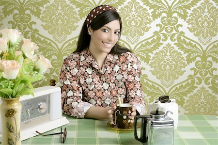 Retro woman drinking coffee on kitchen vintage wallpaper Stock Photo - Budget Royalty-Free & Subscription, Code: 400-04269086