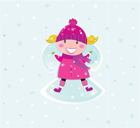Cute christmas girl lying in snow and making angel. Vector cartoon illustration. Stock Photo - Budget Royalty-Free & Subscription, Code: 400-04269733