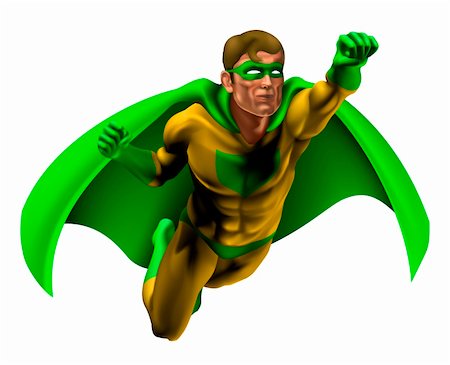 simsearch:400-05741668,k - Illustration of an amazing superhero dressed in yellow and green costume with cape flying through the air Stock Photo - Budget Royalty-Free & Subscription, Code: 400-04260786