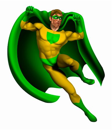 simsearch:400-05741668,k - Illustration of an amazing superhero dressed in yellow and green costume with cape landing Stock Photo - Budget Royalty-Free & Subscription, Code: 400-04260787
