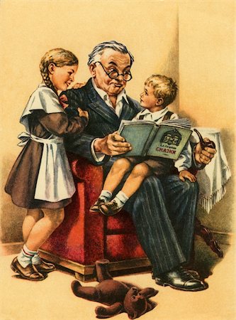 Vintage card Grandfather reading a book for good night. Stock Photo - Budget Royalty-Free & Subscription, Code: 400-04260993