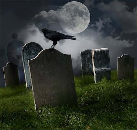 Cemetery with old gravestones, moon and black raven Stock Photo - Budget Royalty-Free & Subscription, Code: 400-04275414