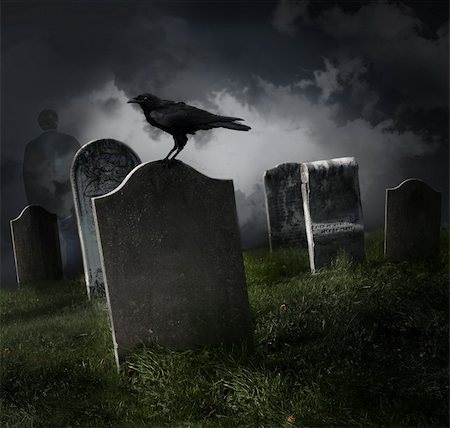Cemetery with old gravestones and black raven Stock Photo - Budget Royalty-Free & Subscription, Code: 400-04275415