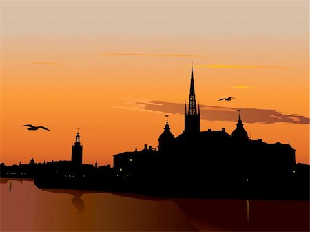 simsearch:400-07111236,k - Silhouette of Stockholm at sunset, The City Hall, Riddarholm cathedral. Sweden Stock Photo - Budget Royalty-Free & Subscription, Code: 400-04275722