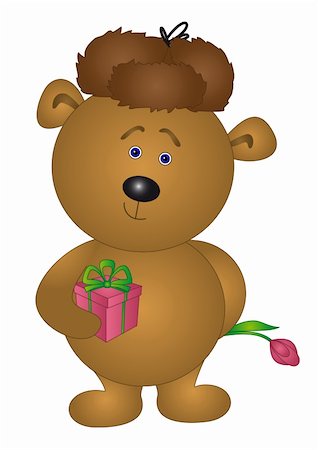 Holiday vector: teddy bear enamoured in winter cap with gift box and flower Stock Photo - Budget Royalty-Free & Subscription, Code: 400-04271206