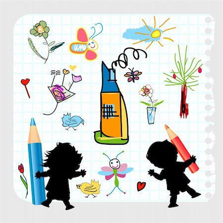 pencil painting pictures images kids - little boy and girl drawing on a note book paper Stock Photo - Budget Royalty-Free & Subscription, Code: 400-04271258
