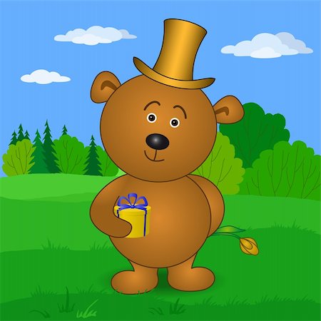 Holiday vector: teddy bear in cylinder with gift box and flower on meadow Stock Photo - Budget Royalty-Free & Subscription, Code: 400-04272458