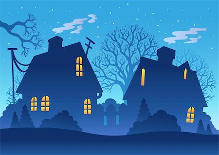 simsearch:400-04343852,k - Village night silhouette - vector illustration. Stock Photo - Budget Royalty-Free & Subscription, Code: 400-04272725