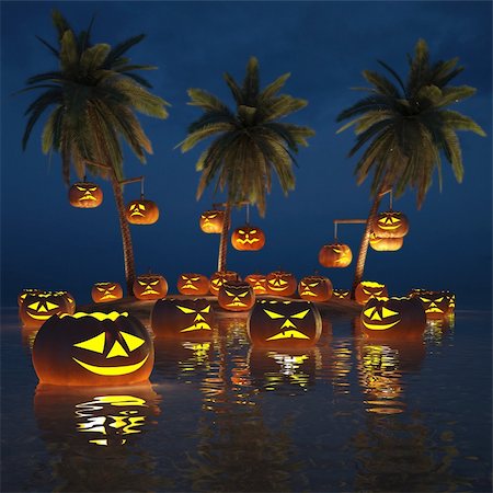 simsearch:400-05325412,k - Halloween pumpkins on a deserted tropical island. 3d image. Stock Photo - Budget Royalty-Free & Subscription, Code: 400-04272985