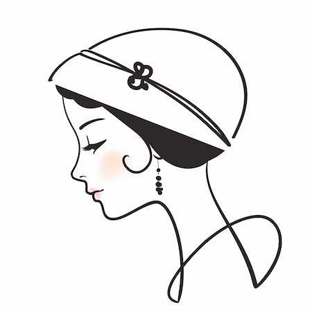 pretty girls face line drawing - beautiful woman face with hat vector illustration Stock Photo - Budget Royalty-Free & Subscription, Code: 400-04284941