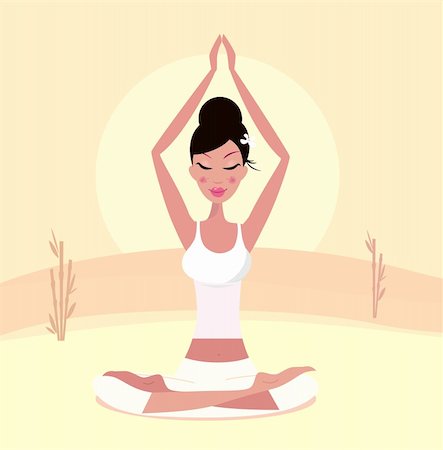 Asia woman with black hair practicing meditation. Stylized vector Illustration in retro style Foto de stock - Super Valor sin royalties y Suscripción, Código: 400-04285773