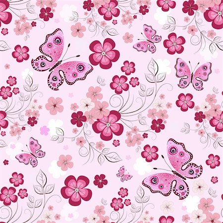 Pink seamless floral pattern with flowers and butterflies (vector) Stock Photo - Budget Royalty-Free & Subscription, Code: 400-04286044
