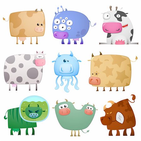 Collection of cartoon colored crazy funny cows Stock Photo - Budget Royalty-Free & Subscription, Code: 400-04286192