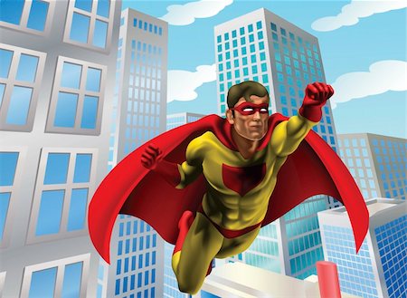 simsearch:400-05741668,k - Caped super hero flying through the air in a city scene Stock Photo - Budget Royalty-Free & Subscription, Code: 400-04286216